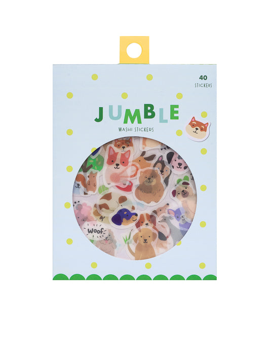 Colorful sticker package with a round window showing Dog - themed washi stickers inside. 