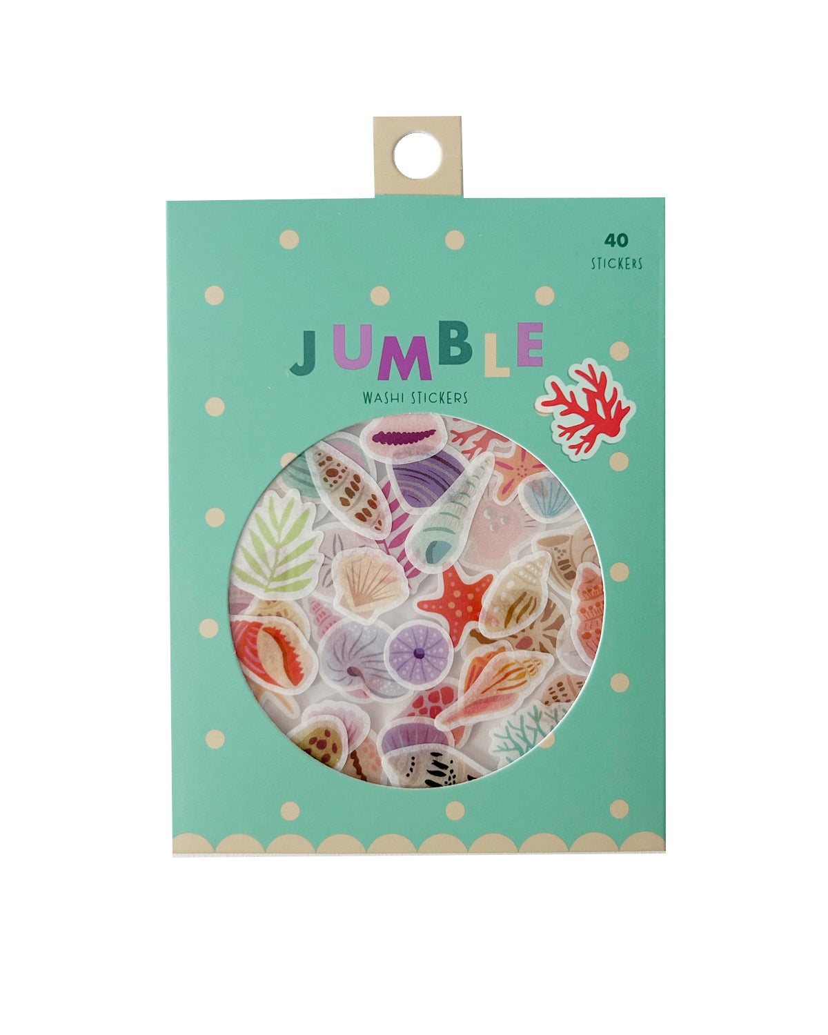 Seashell washi jumble stickers in a mint green package with a round window showing the stickers inside. 