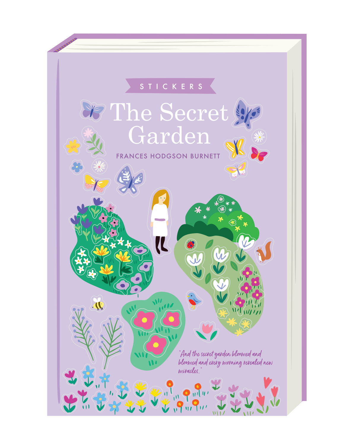 Clear sticker sheet of 'The Secret Garden' themed illustrations on a purple background.