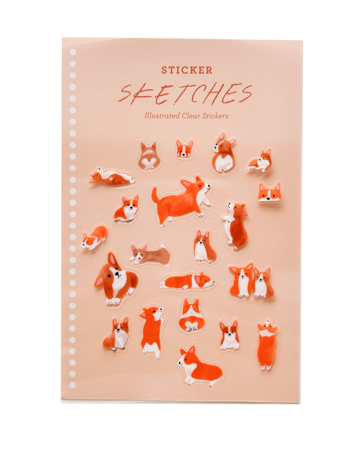 A clear sticker sheet with illustrated corgi stickers on a beige background