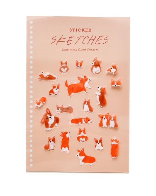 A clear sticker sheet with illustrated corgi stickers on a beige background