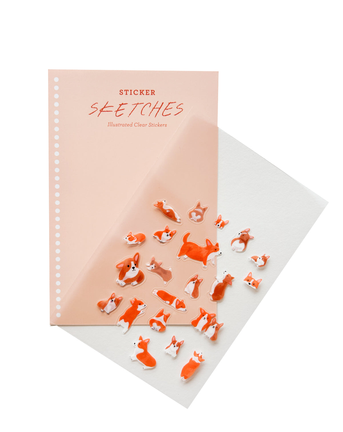 A clear sticker sheet fanned out from packaging card  with corgi illustrations on a white background