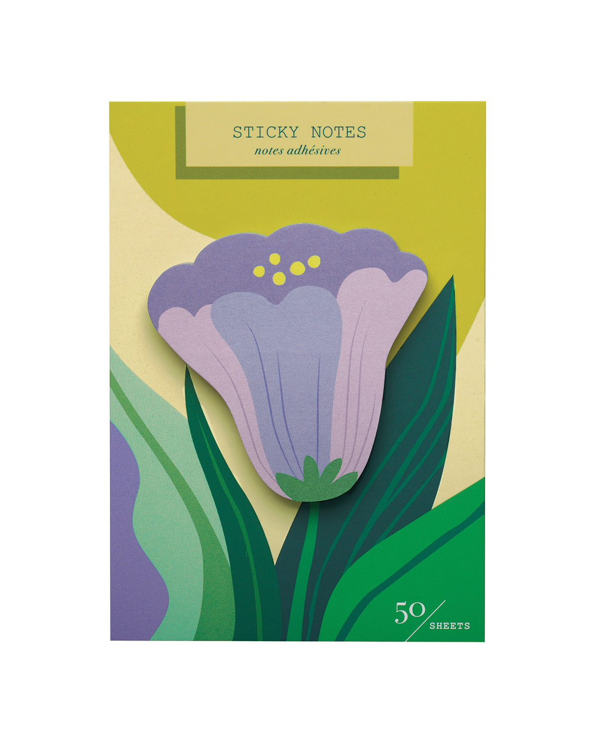Package of die-cut sticky notes featuring a tulip on a packaging card illustrated with leaves and a yellow sky