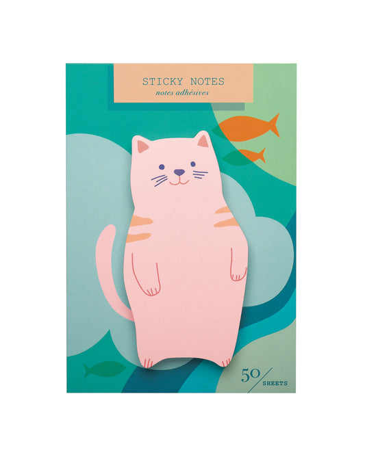 Package of die-cut sticky notes featuring a smiling cat on a packaging card with blue green swirls