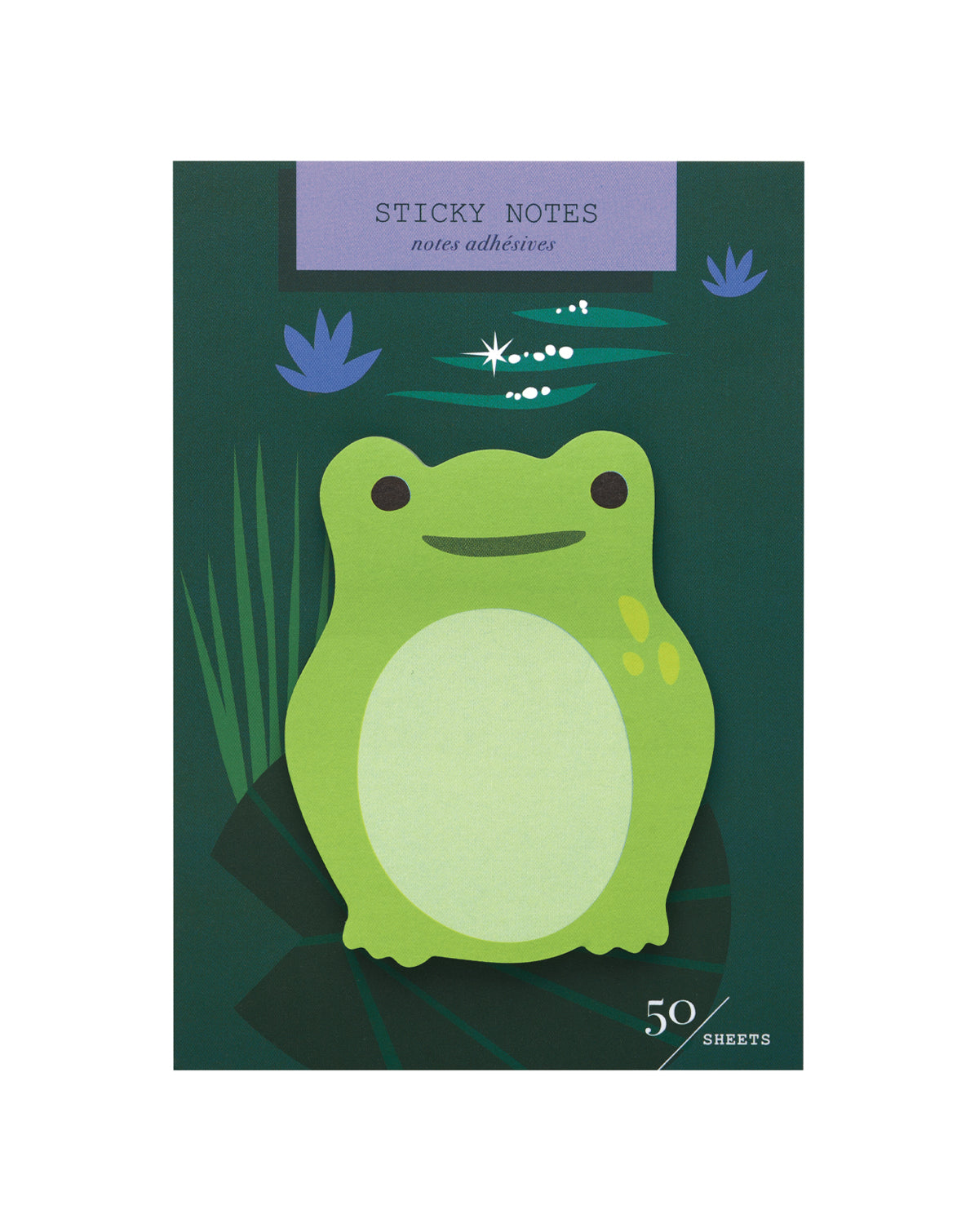 Package of die-cut sticky notes featuring a smiling frog on a dark green packaging card