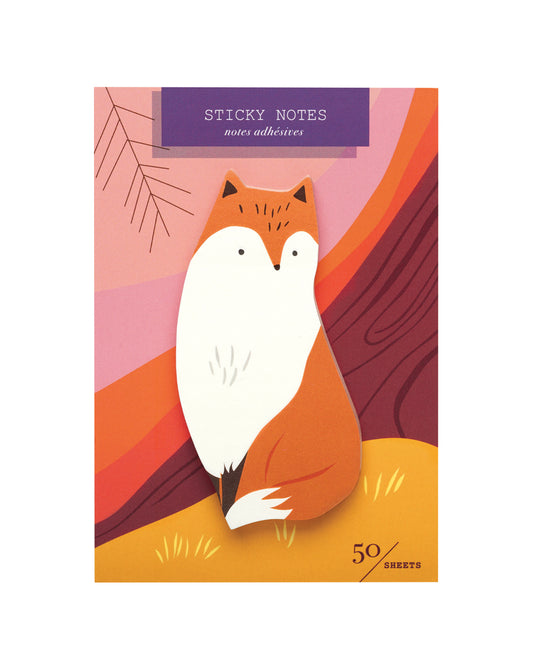 Package of die-cut sticky notes featuring a fox on a packaging card with illustration of grass and tree trunk