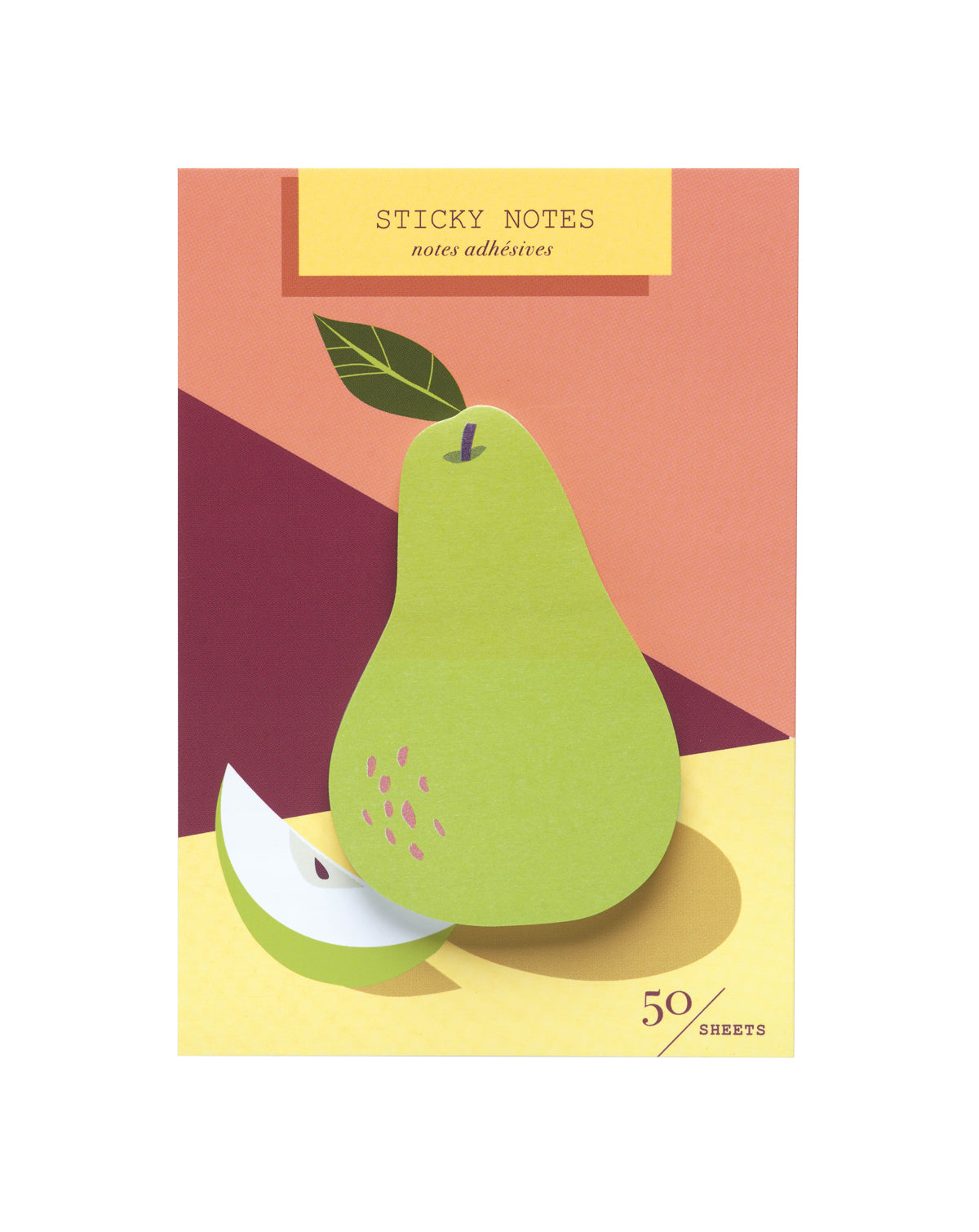 Package of die-cut sticky notes featuring a green pear