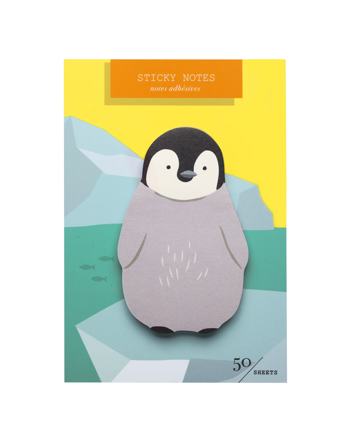 Package of die-cut sticky notes featuring a baby penguin on a packaging card with illustrations of glaciers and a yellow sky