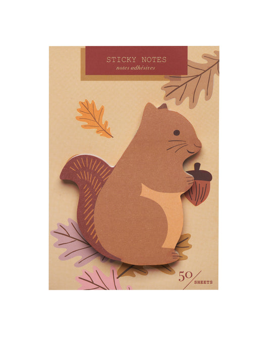 Package of die-cut sticky notes featuring a smiling squirrel on a packaging card illustrated with oak leaves