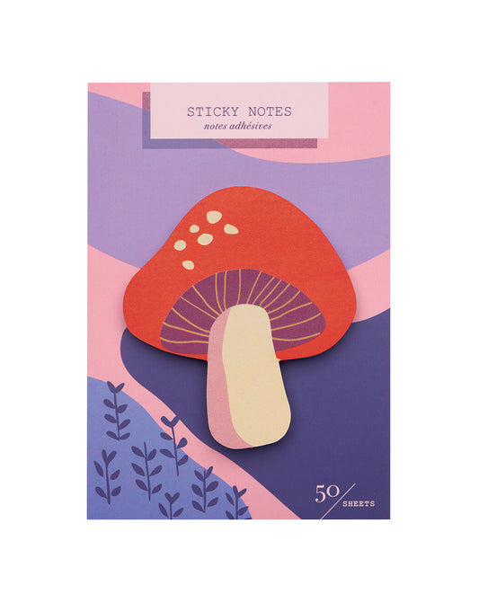 Package of die-cut sticky notes featuring a mushroom on a purple and pink packaging card