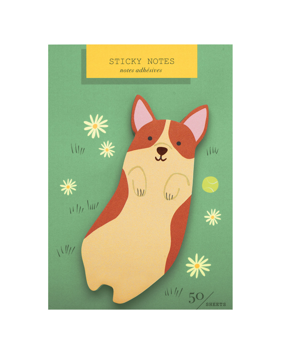 Die-cut sticky notes with a corgi design on a green background
