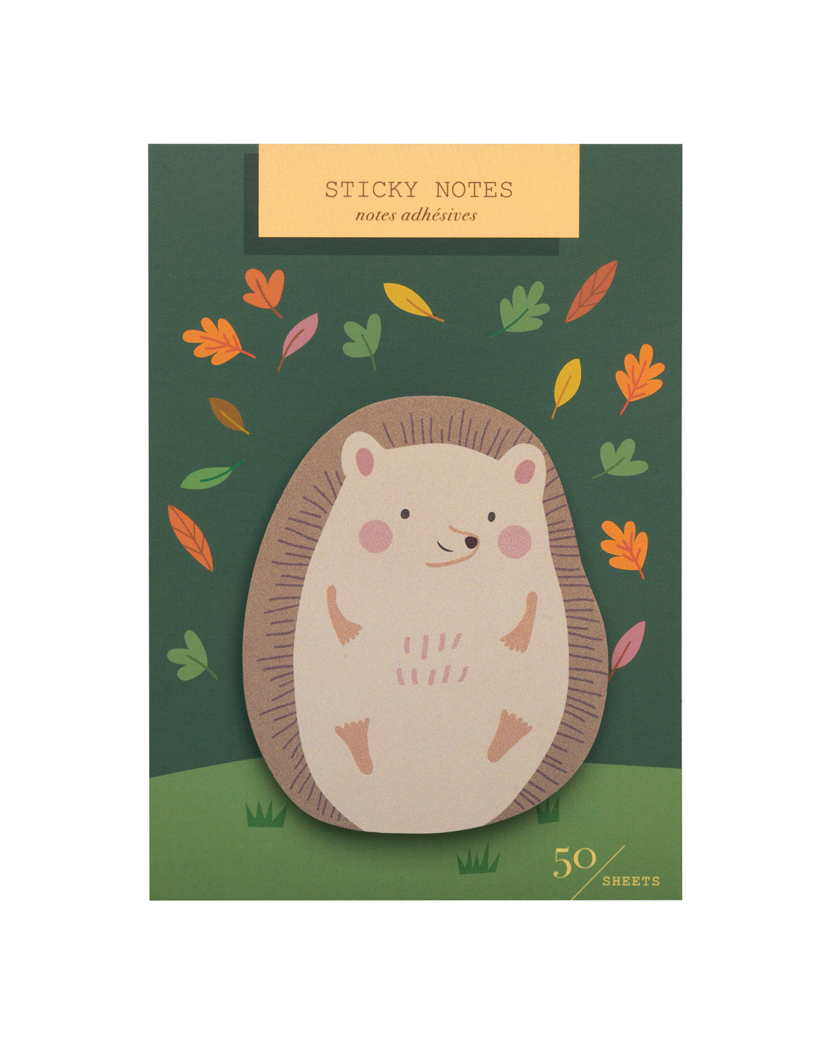 Die-cut sticky notes with a hedgehog design on a green background