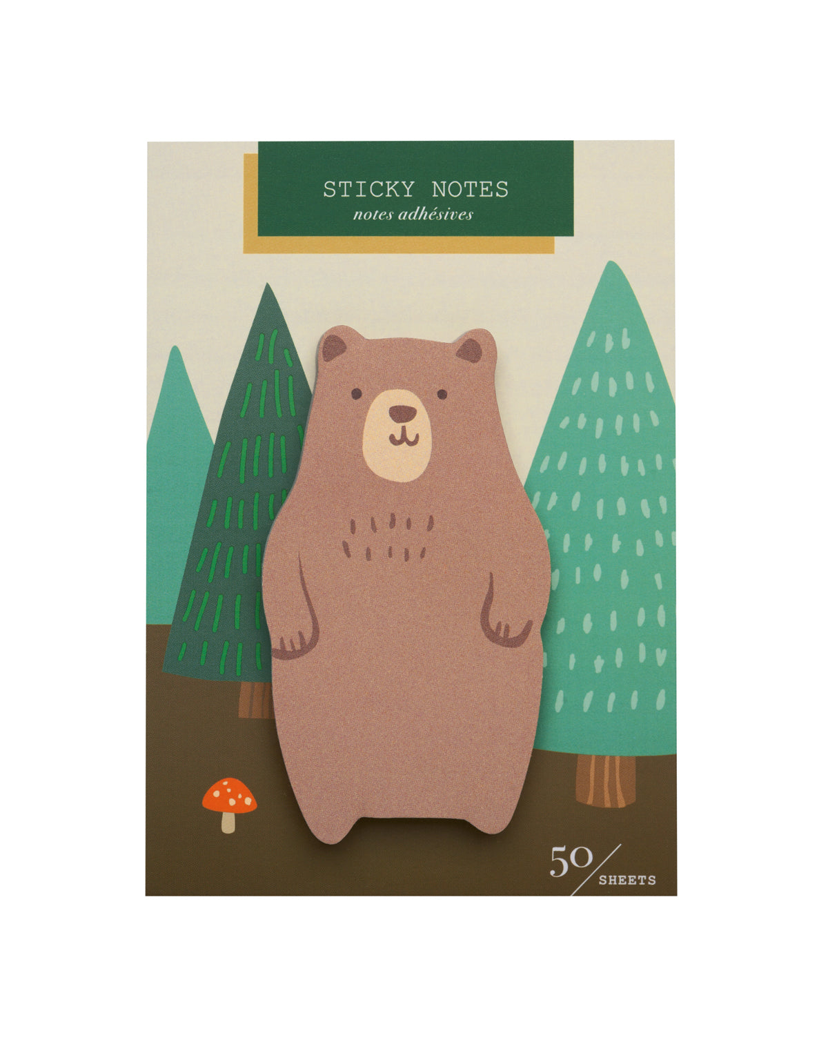 Package of die-cut sticky notes featuring a standing, smiling bear