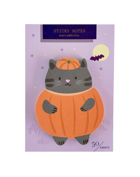 Package of sticky notes featuring a cat dressed in a pumpkin costume