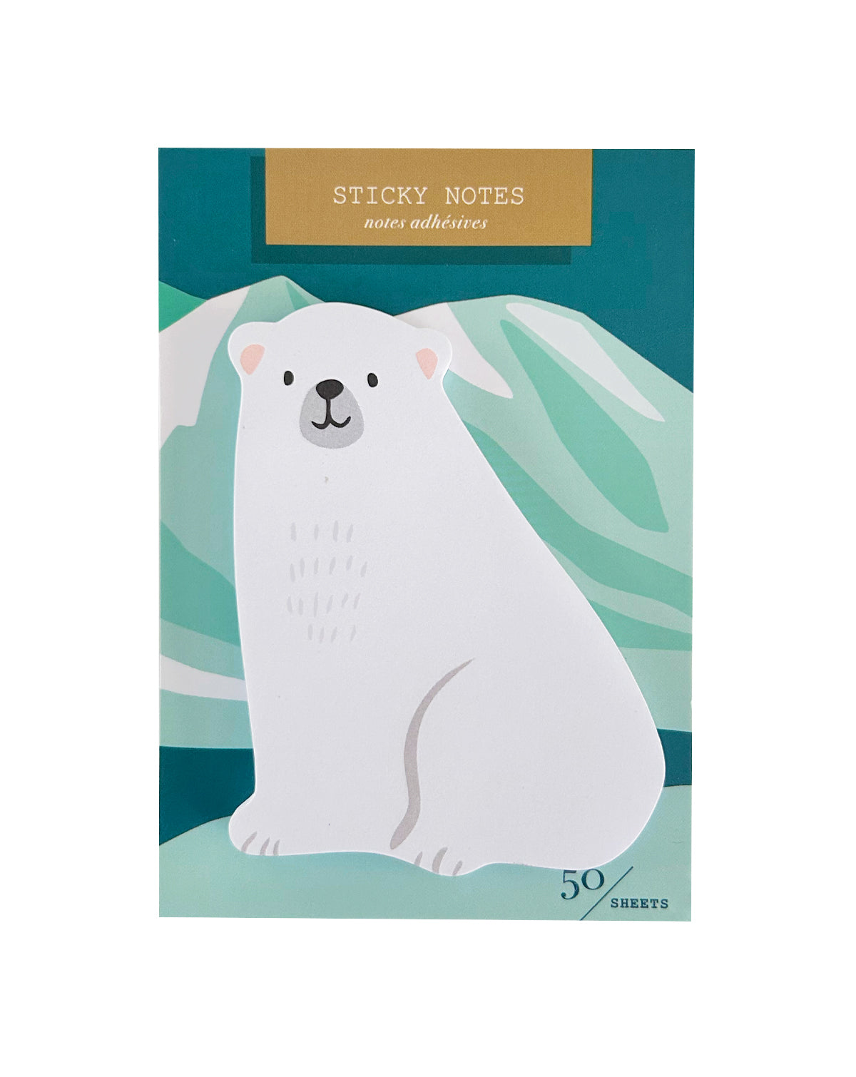 Sticky notes with a polar bear design on a green packaging  background with iceberg