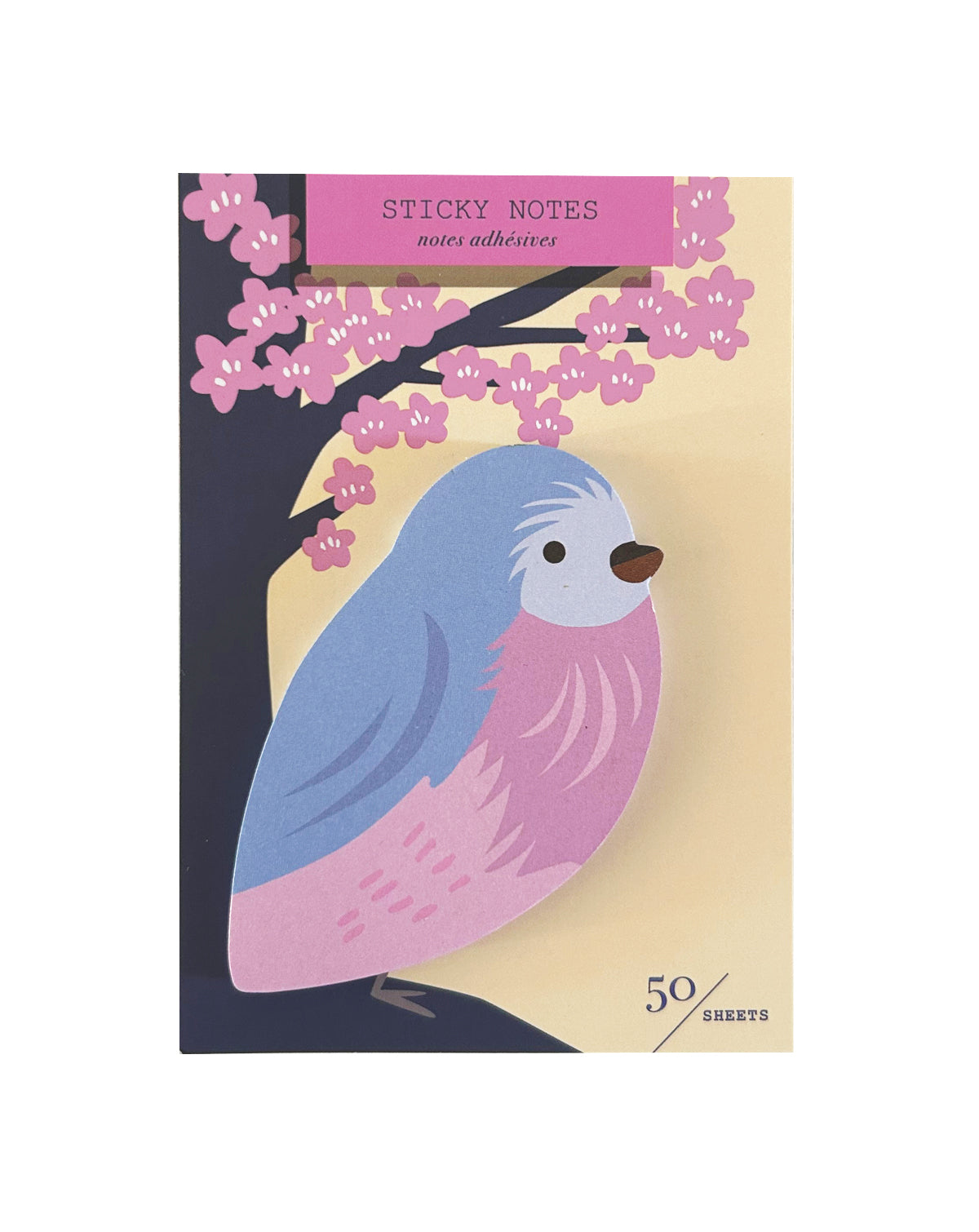 Sticky notes with a bird and cherry blossom design on a white background