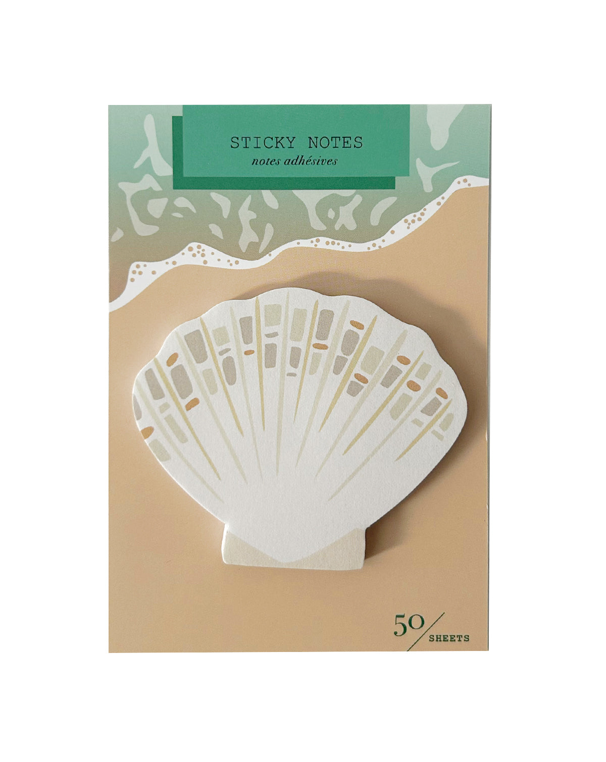 Seashell shaped die cut sticky notes on a beach designed package card.