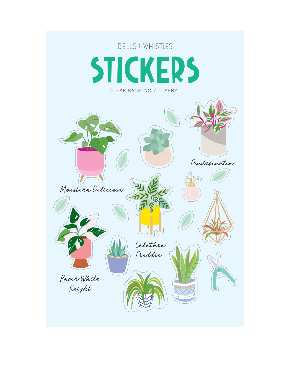 Sheet of clear, plant-themed stickers with on a light blue background.