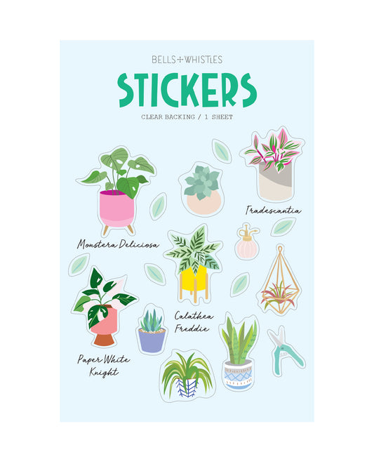 Sheet of clear, plant-themed stickers with on a light blue background.