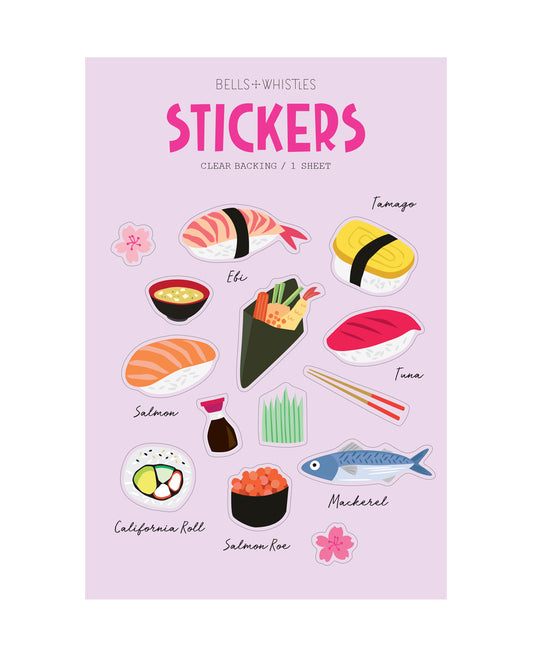 Clear sticker sheet depicting images of different sushi on a light purple background