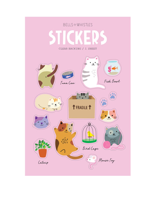 Sheet of clear cat-themed stickers on a pink background 