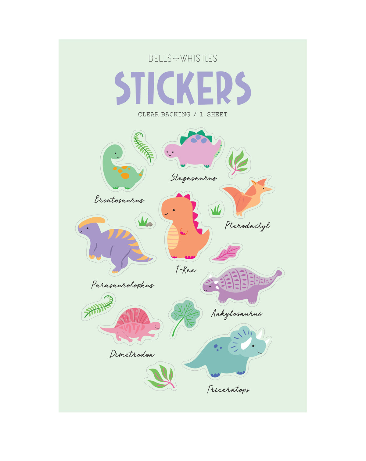 Clear sheet of dinosaur stickers with colorful illustrations on a light green background