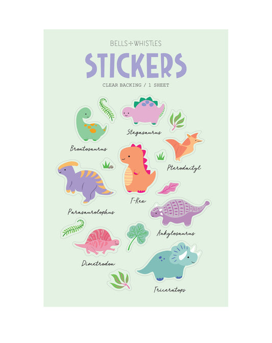 Clear sheet of dinosaur stickers with colorful illustrations on a light green background