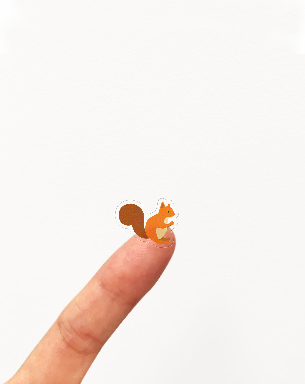 Small squirrel clear sticker on a person's finger against a white background