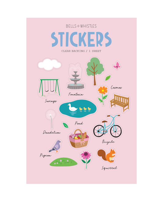 Clear sticker sheet with illustrations of objects, animals, and plants found in a park on a pink background