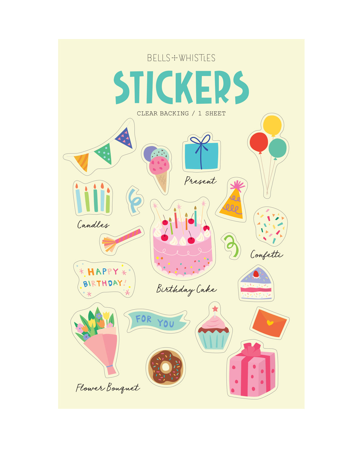 Clear sheet of birthday-themed stickers with colorful graphics on a light yellow background.