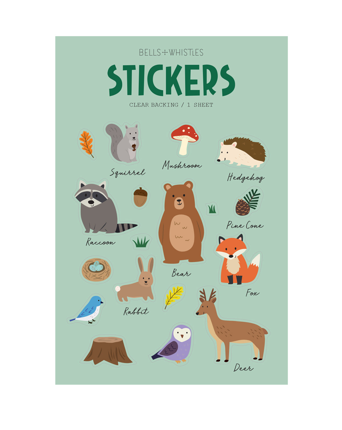Package of clear stickers with illustrations of animals on a light green background