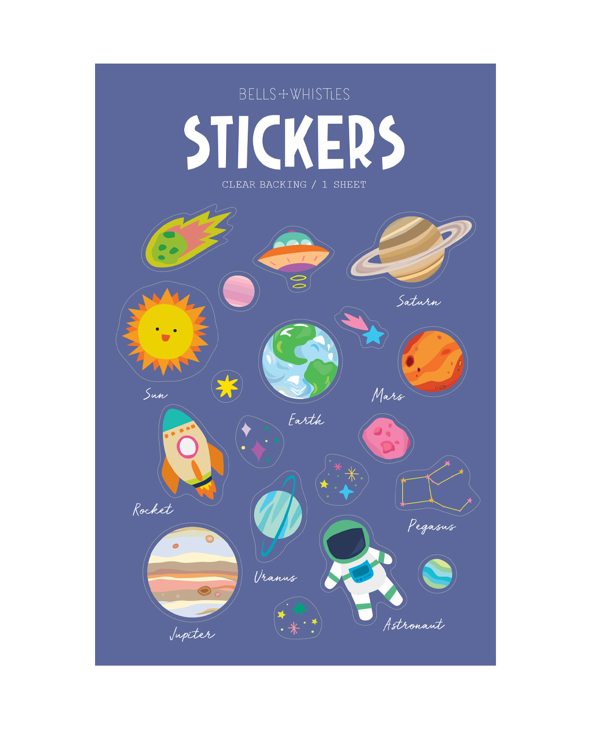 Clear sticker sheets with space-themed illustrations on a blue background