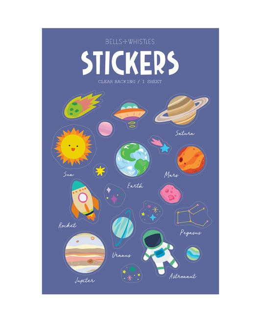 Clear sticker sheets with space-themed illustrations on a blue background