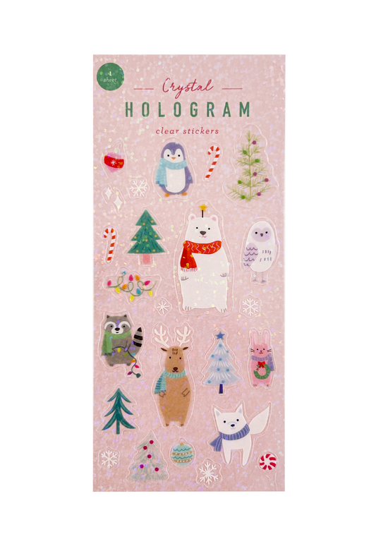 Pack of stickers with clear hologram flakes, featuring animals dressed in winter scarves. Christmas trees, snowflakes, and other holiday icons are included on a pink background