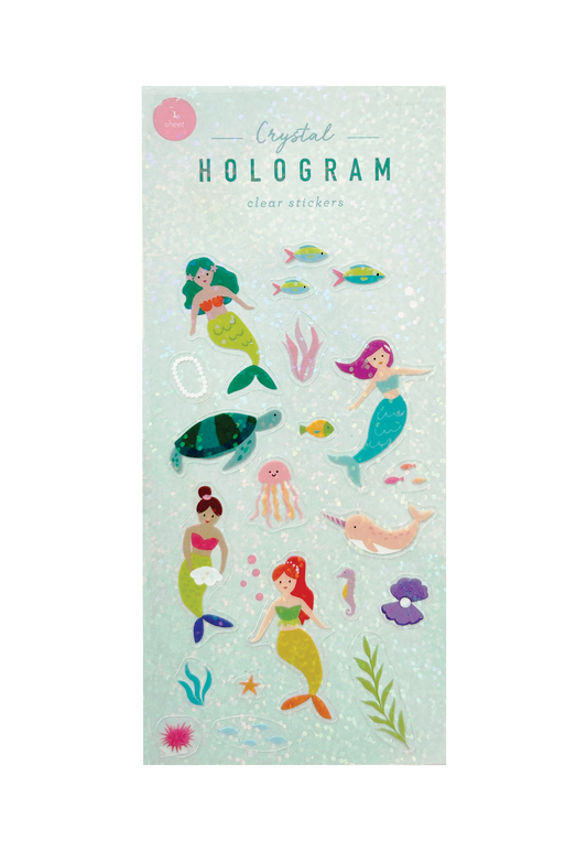 Pack of stickers with clear hologram flakes, featuring mermaids on a blue-green background
