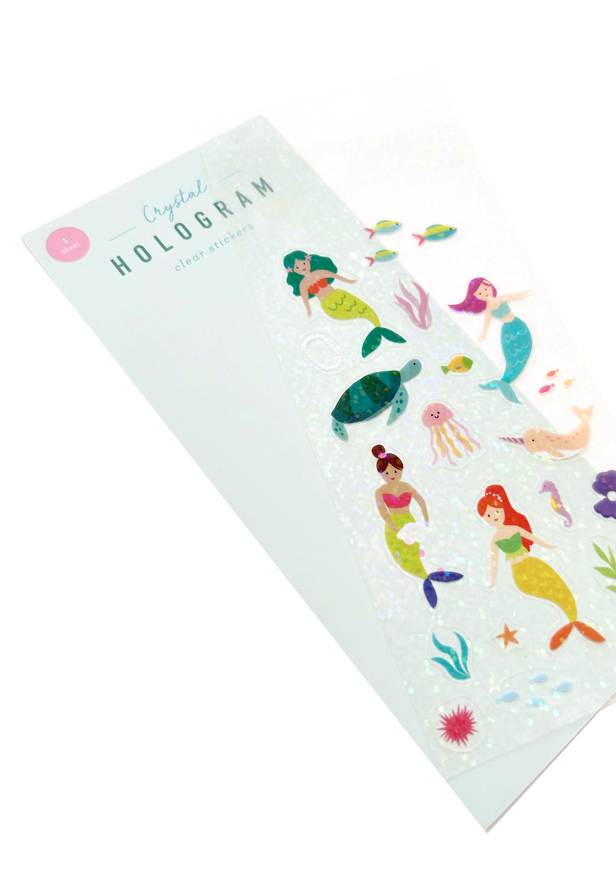 Holographic sticker sheet with mermaid designs fanned out from packaging card to show texture