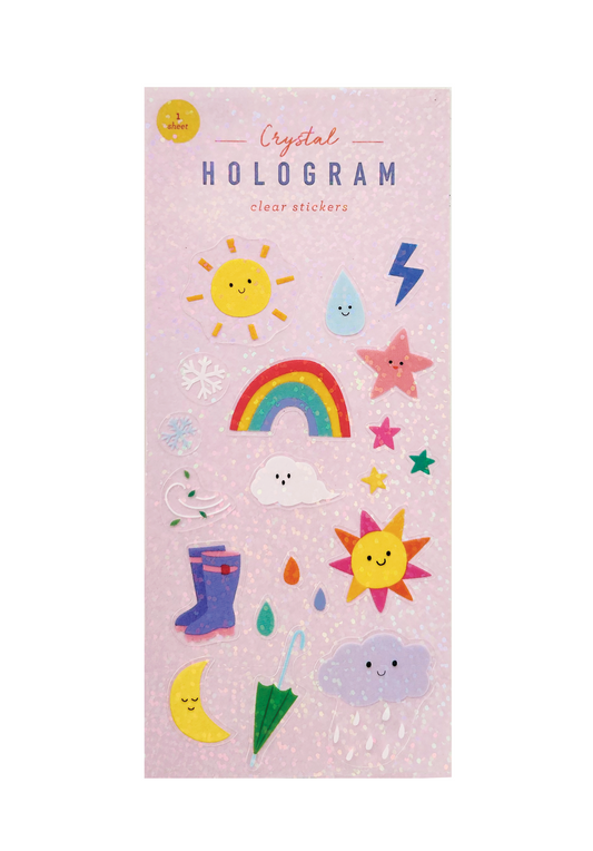 Pack of stickers with clear hologram flakes, featuring weather icons on a pink background