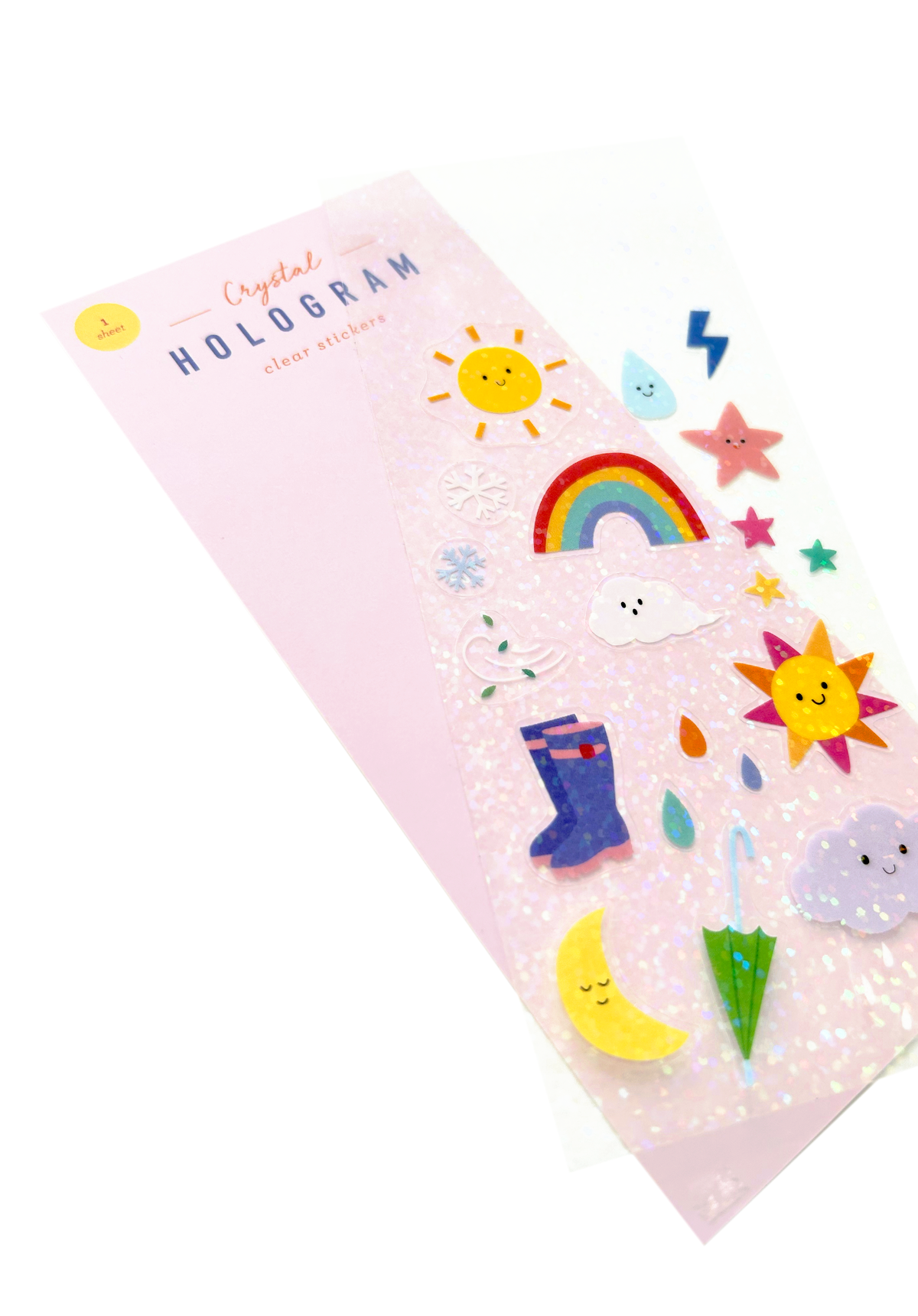 Holographic sticker sheet with weather icon designs fanned out from packaging card to show texture