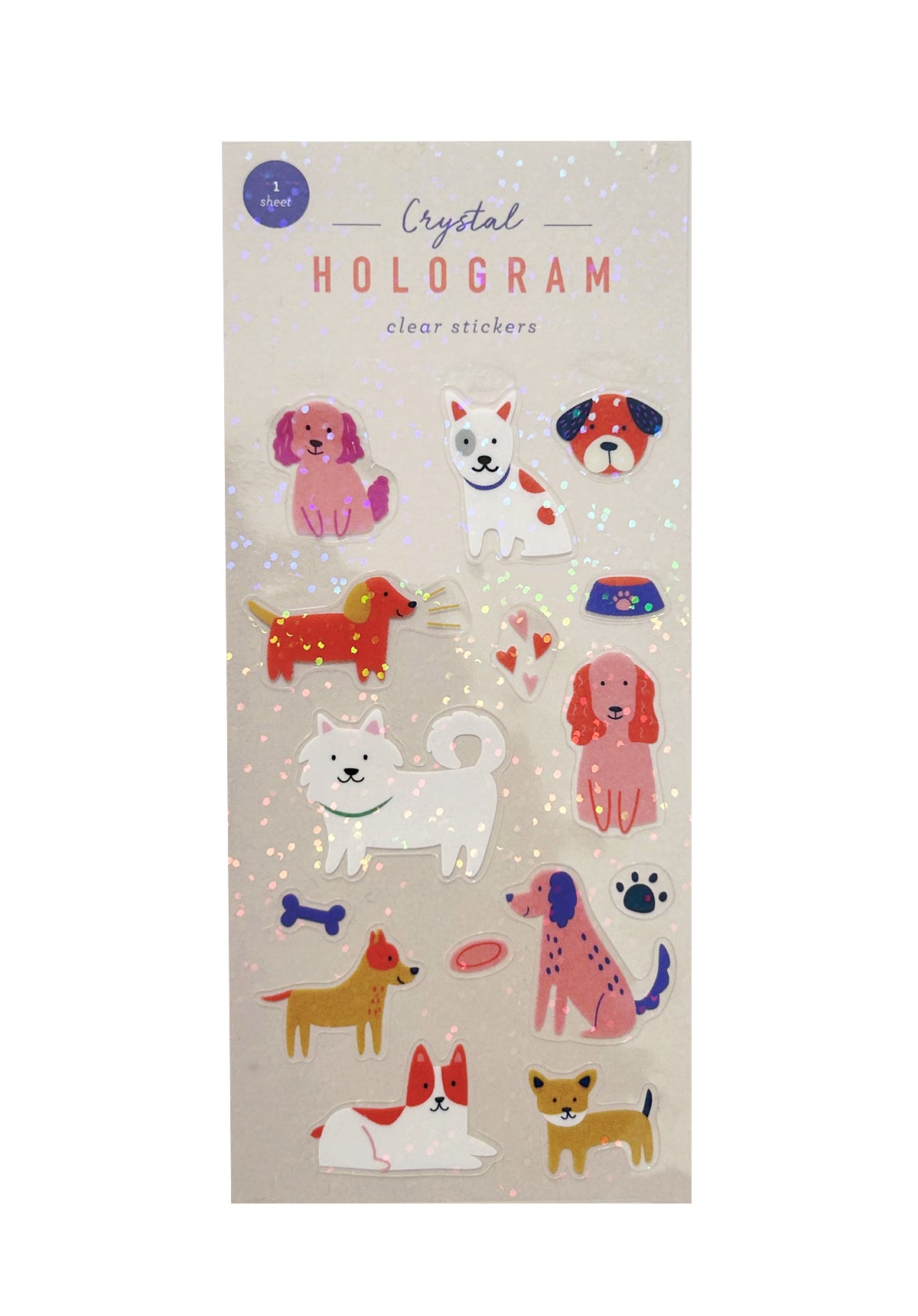 Pack of stickers with clear hologram flakes, featuring dogs on a background