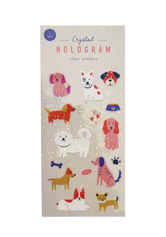 Pack of stickers with clear hologram flakes, featuring dogs on a background
