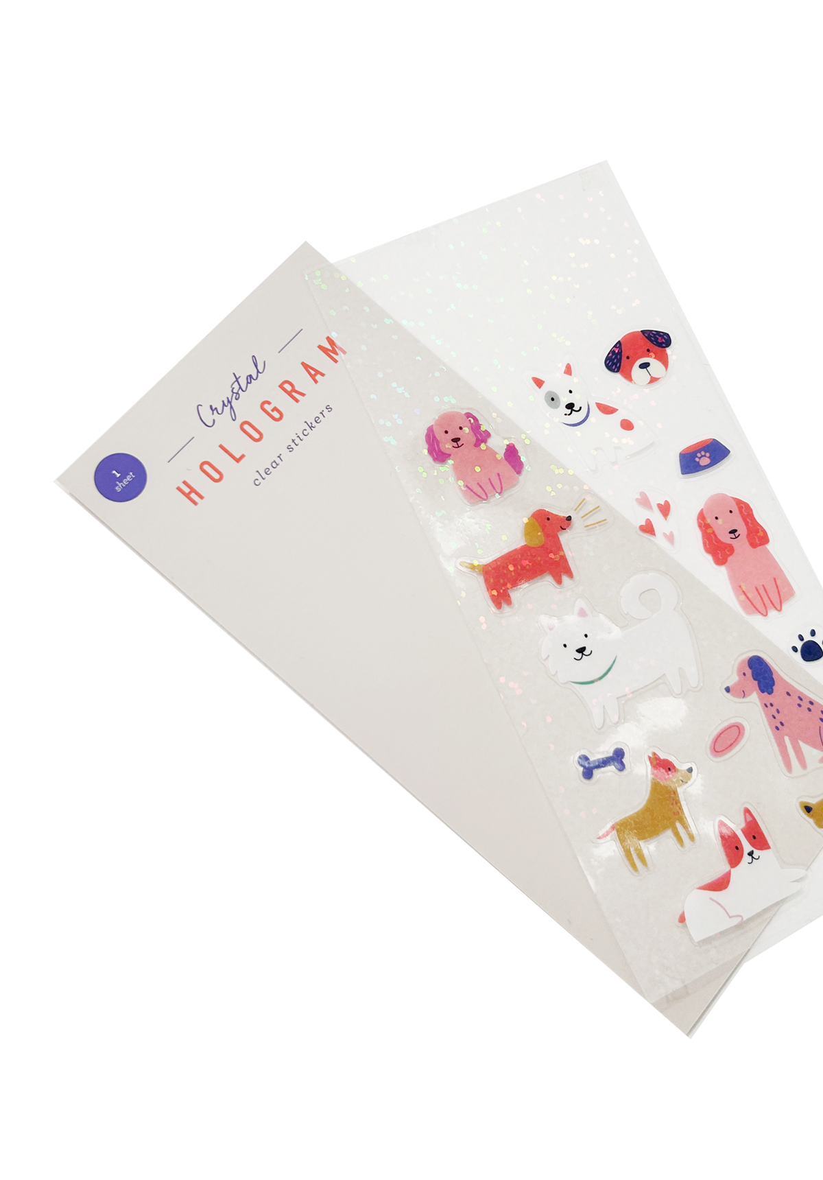 Holographic sticker sheet with dog designs fanned out from packaging card to show texture