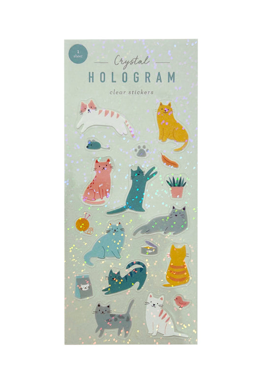 Pack of stickers with clear hologram flakes, featuring cats on a light blue/green background