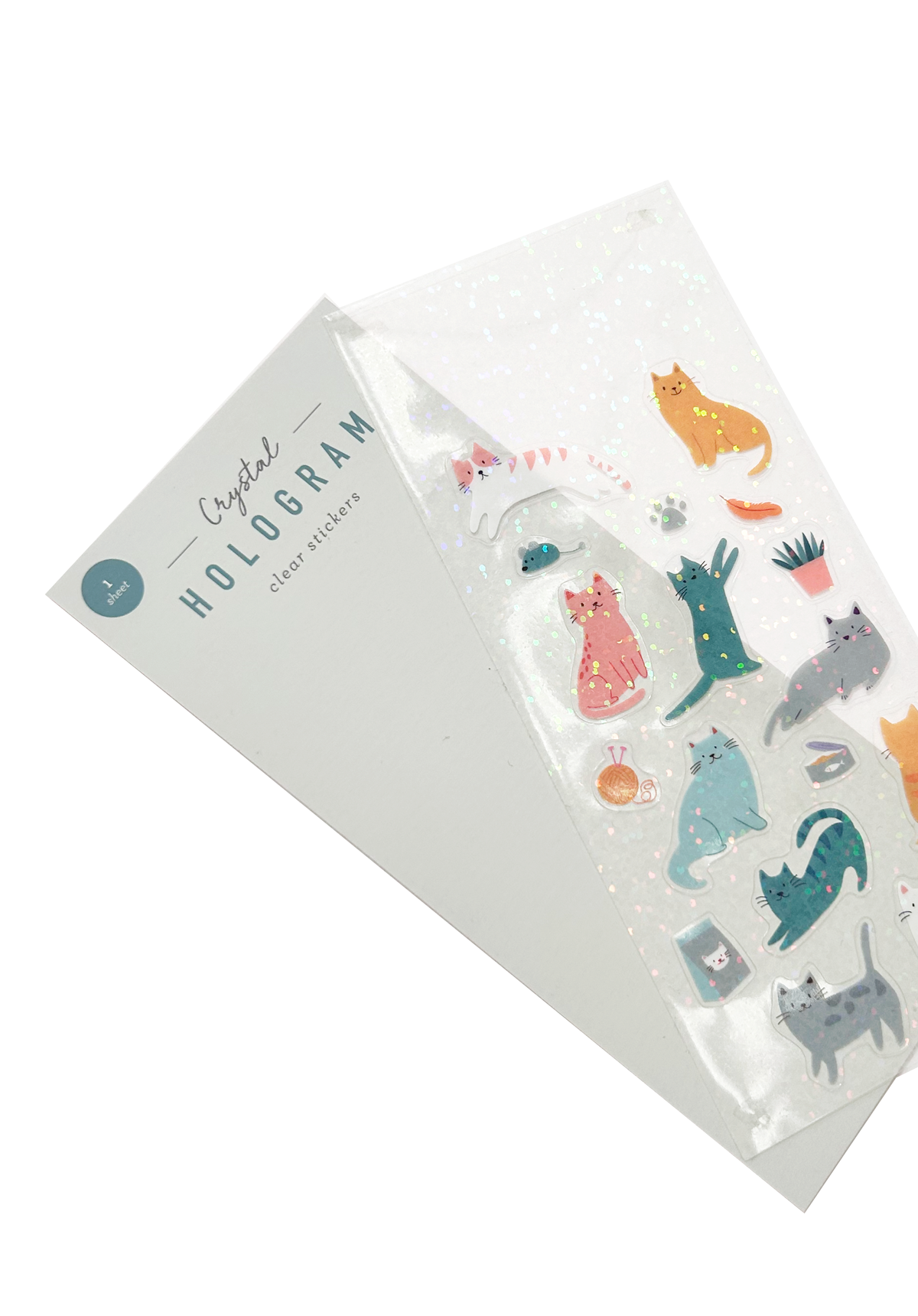 Holographic sticker sheet with cat designs fanned out from packaging card to show texture