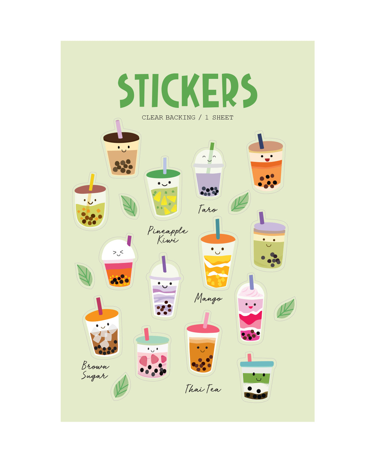 Sheet of clear stickers with smiling bubble tea illustrations on a light green background