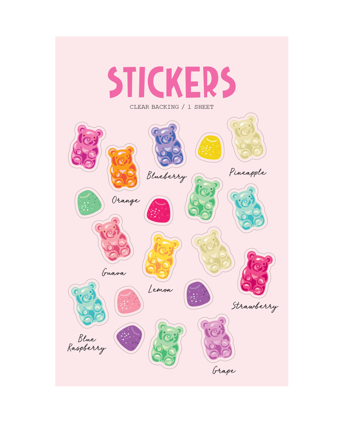 Sheet of colorful clear gummy bear stickers with labels on a pink background