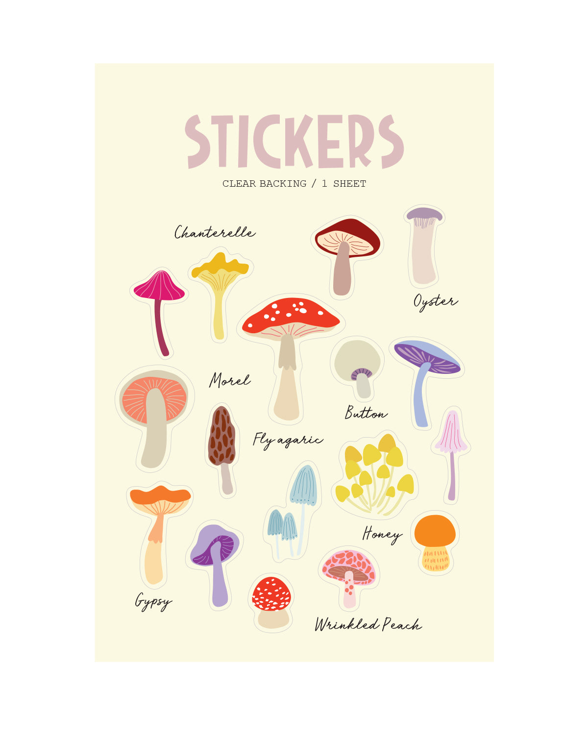Sheet of clear mushroom stickers with identifying labels on a light yellow background