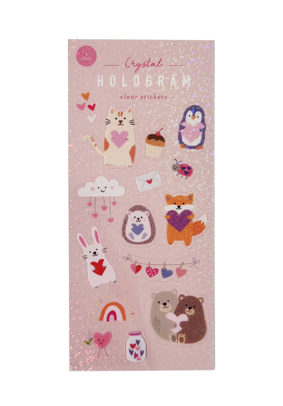 Pack of stickers with clear hologram flakes, featuring animals holding hearts and other Valentine objects on a pink background