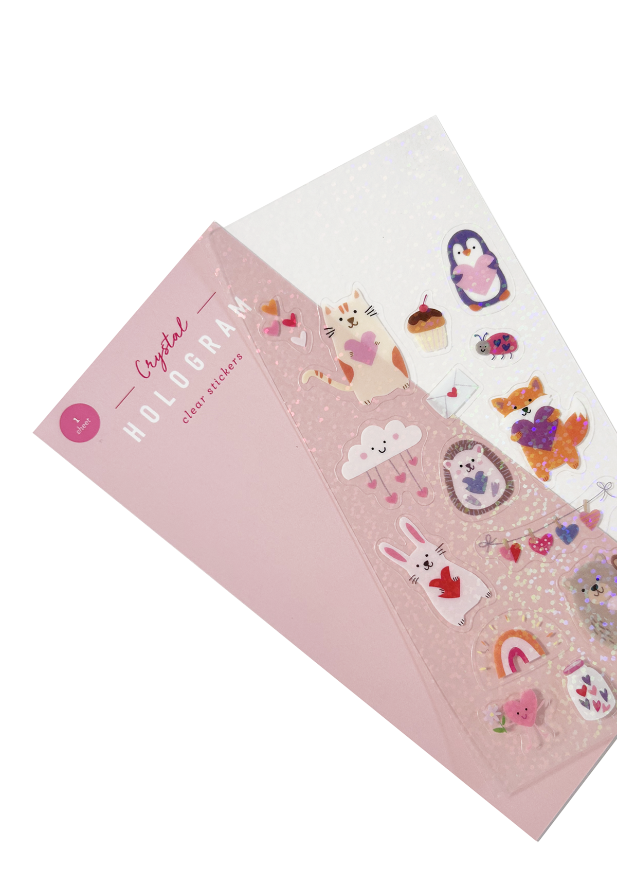 Holographic sticker sheet with Valentine animals and object designs fanned out from packaging card to show texture
