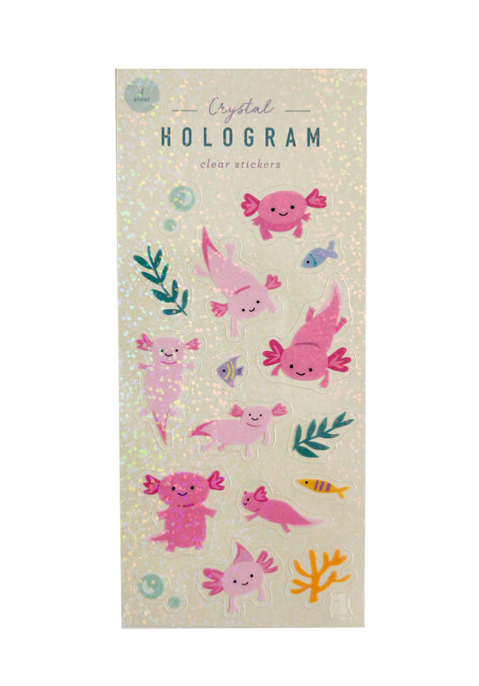 Pack of clear stickers with hologram flakes featuring pink axolotl designs on a beige background