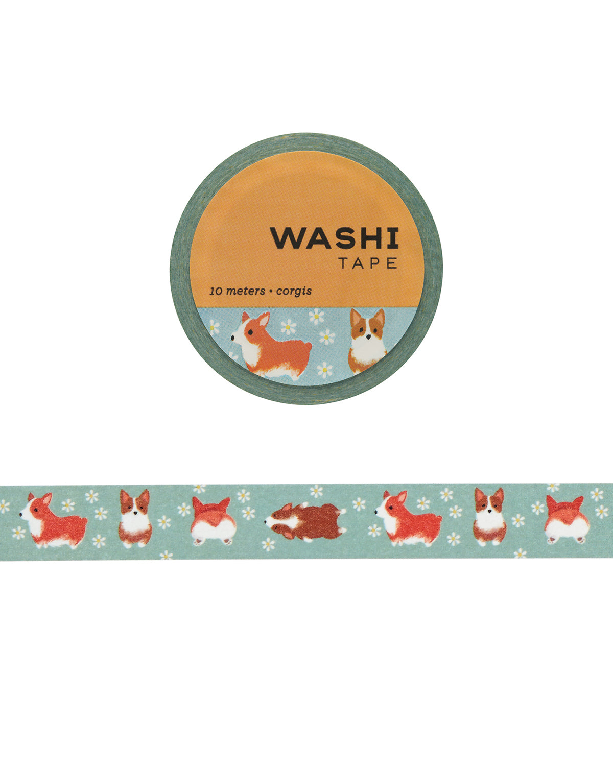 Washi tape with an illustration of corgis and daisies